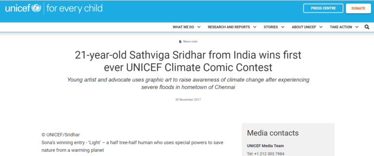 Sathviga Sridhar, 21, de India, gana concurso de cómics de UNICEF